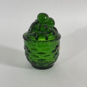 VTG Green Glass Strawberry Basket Lidded Jelly Jam Jar With Spoon Slot Enesco